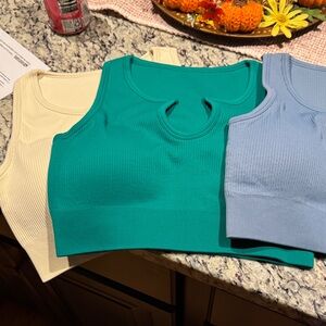 Stylish Ribbed Crop Tops - Cream, Teal, and Light Blue